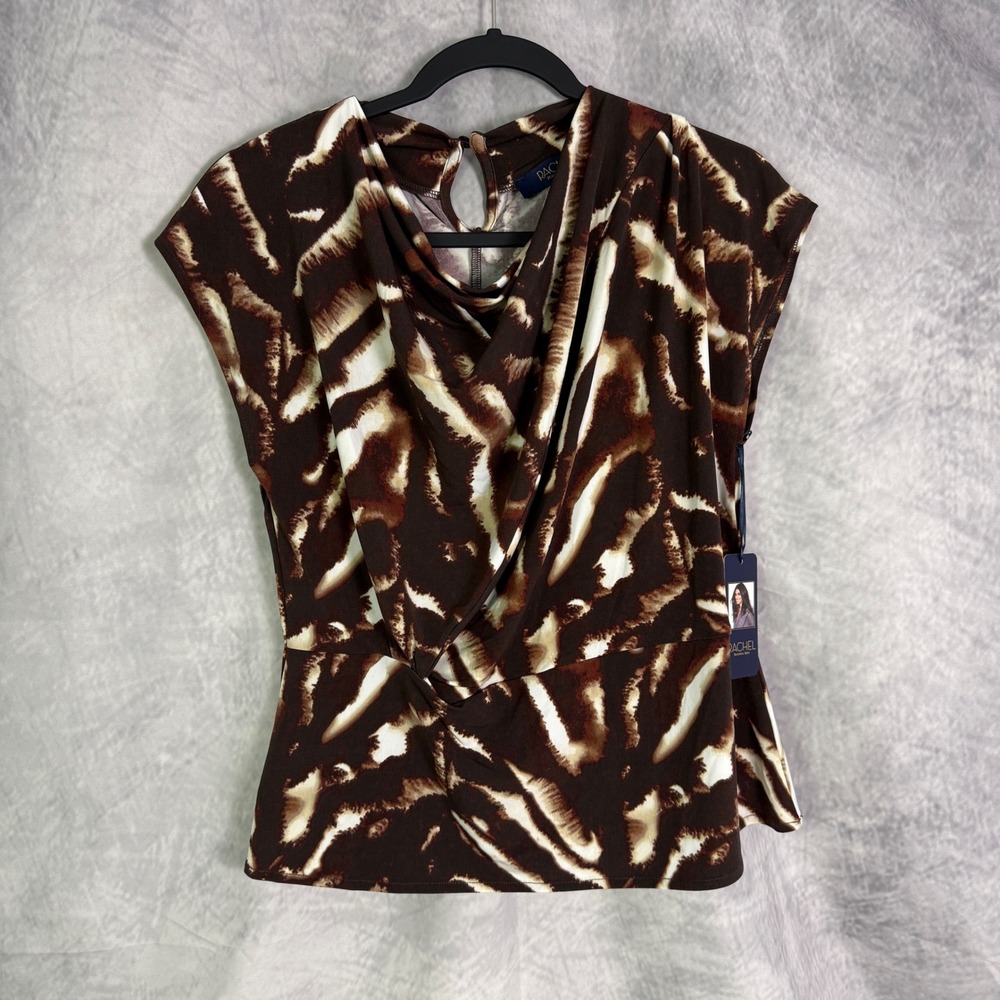 Rachel Roy Top Women's Sz M Brown Abstract Animal Print Draped Cowl Neck NWT New